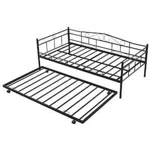 Black Twin Size Metal Daybed with Trundle, Space Saving Metal Platform Bed Frame with Built-in Casters for Living Room