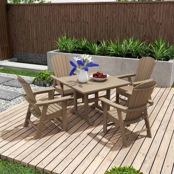 Altura Outdoor Patio Weather Resistant Weatherwood 5-Piece HDPE Plastic Square Table Adirondack Dining Set