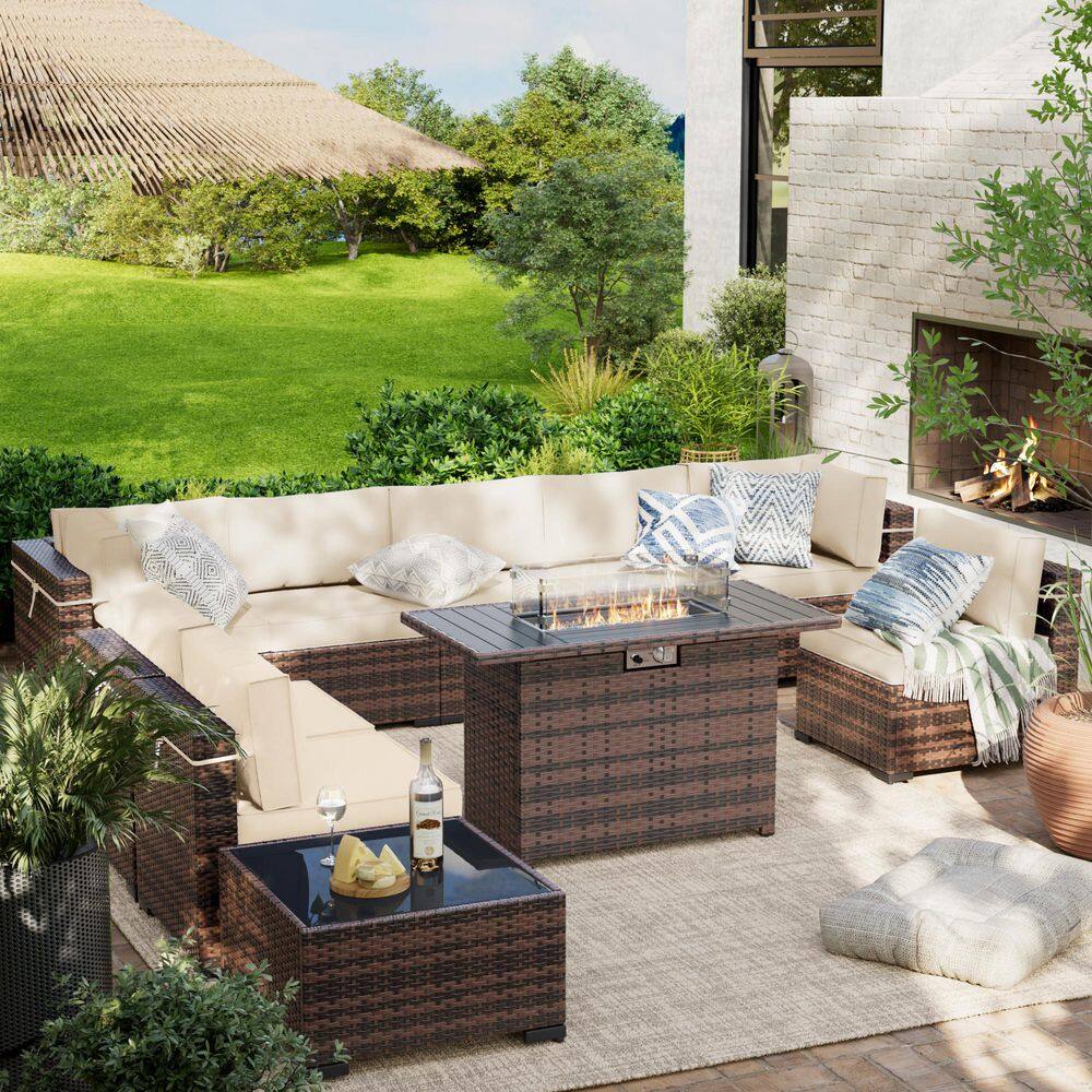 10-Piece Wicker Patio Conversation Sectional Seating Set With Cream Cushions With Fire Pit Table price history on PriceWatchPro