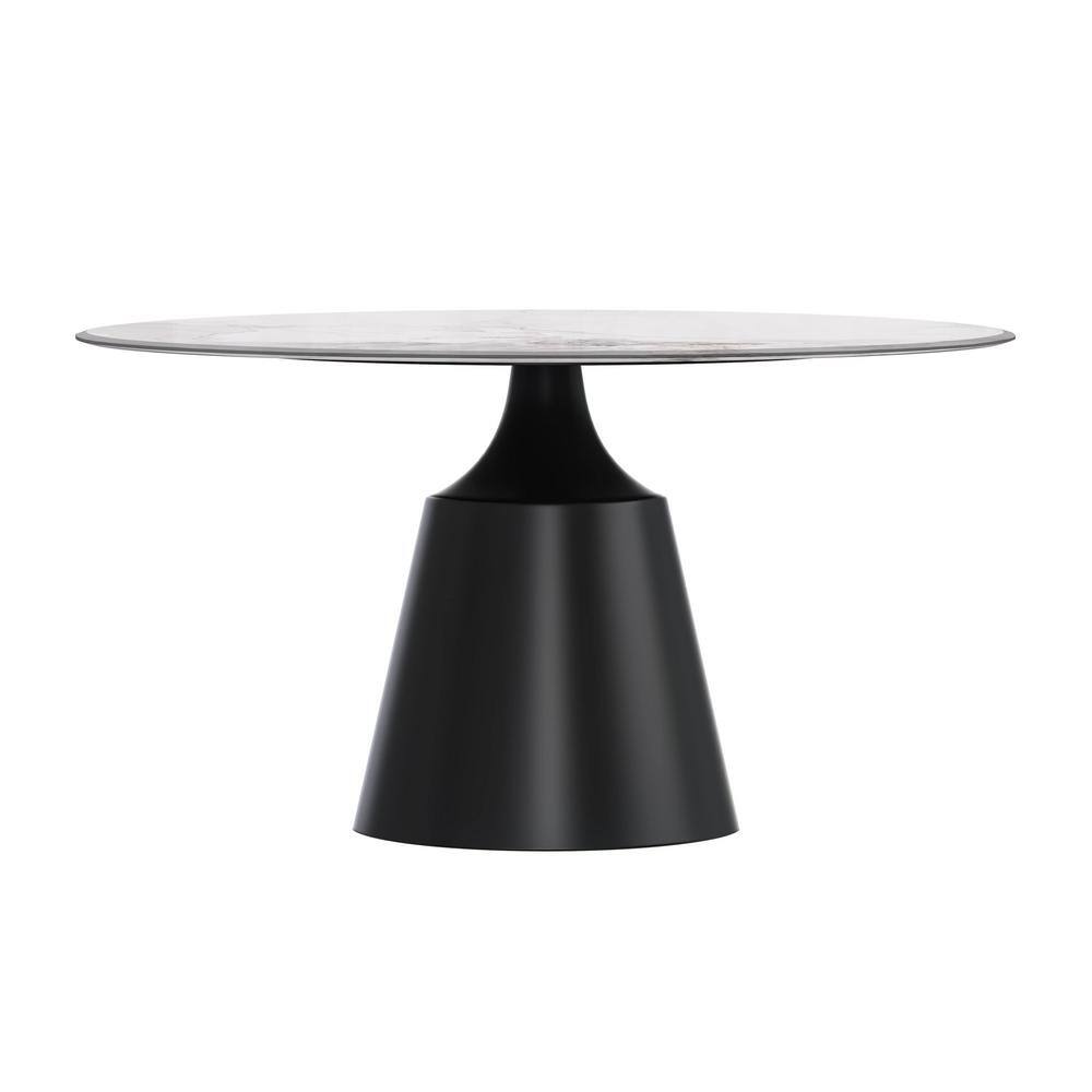 Prynn 60'' White Grey Round Glass Dining Table with Black Pedestal Base