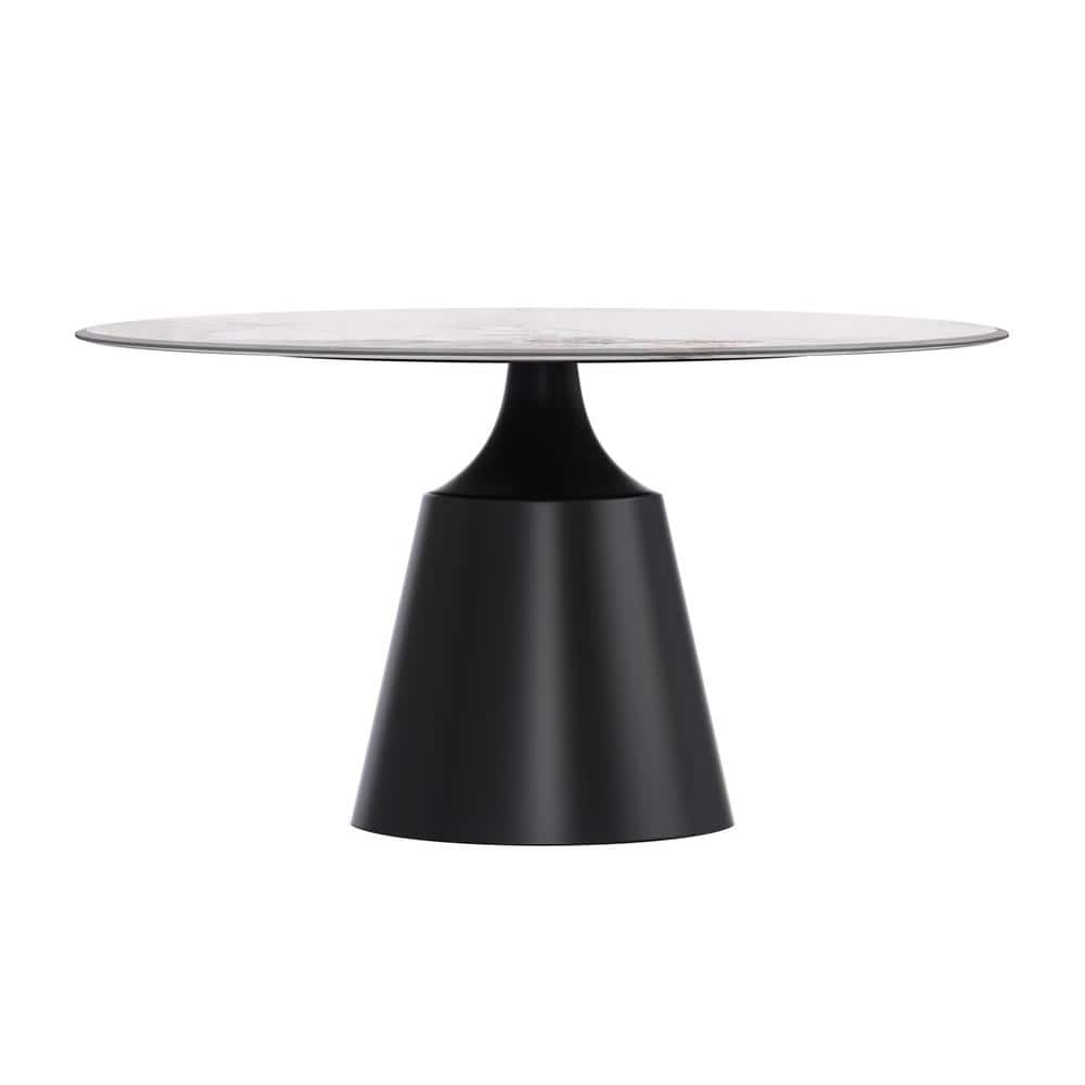 Prynn 60'' White Grey Round Glass Dining Table with Black Pedestal Base