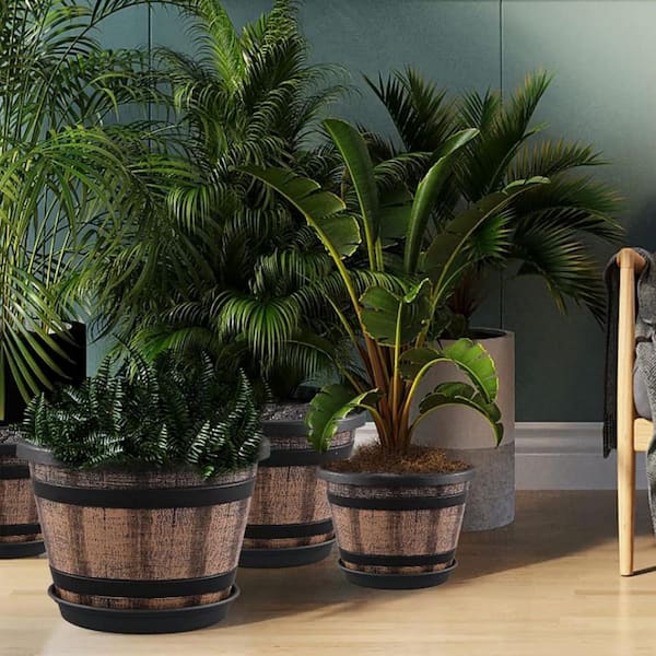 12 in. Dia x 8 in. H Brown Plastic Round Whiskey Barrel Planter, set of 4  L0BLLH5TC8 - The Home Depot