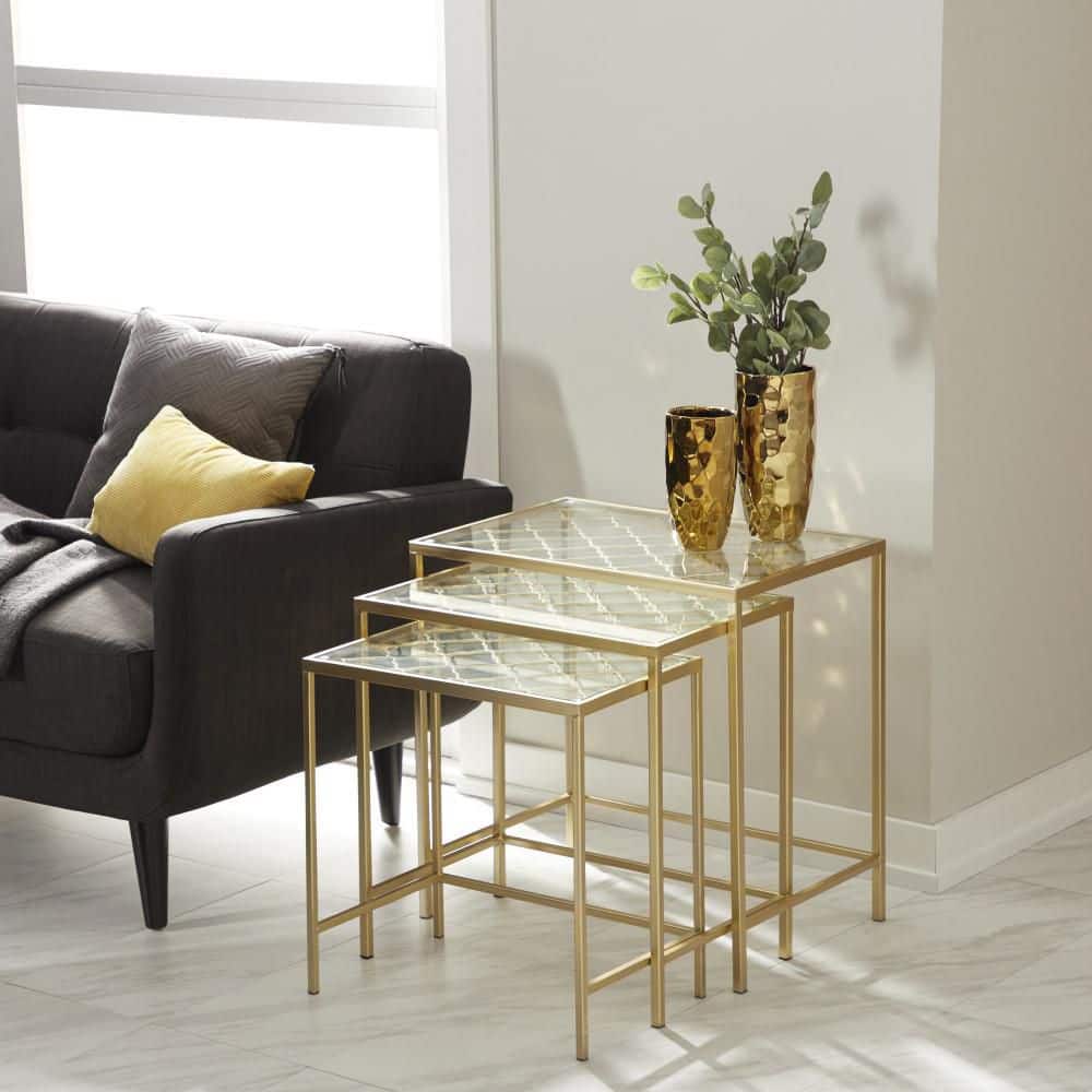 Elegant Gold Metal and Clear Glass Nesting Tables - Set of 3