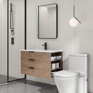 30 in. W x 18.3 in. D x 22.4 in. H Bathroom Vanity in Brown with Glossy White Resin Basin Top (Right Shelves)