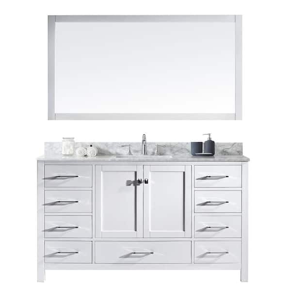 Virtu USA Caroline Avenue 60 in. W Bath Vanity in White with Marble Vanity Top in White with Square Basin and Mirror