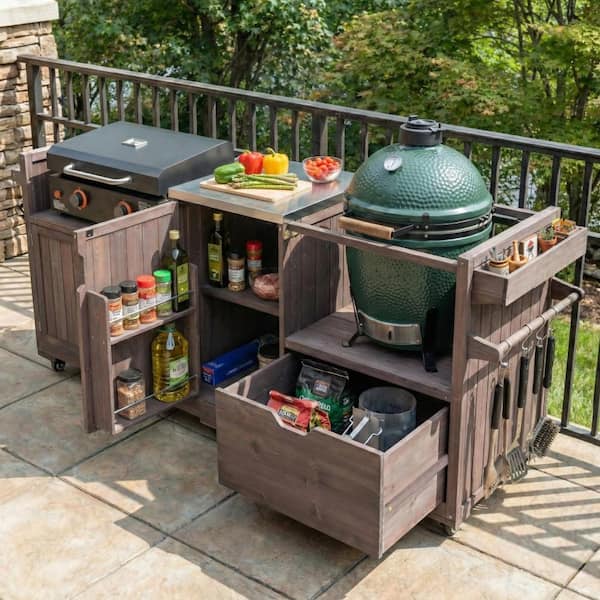 Farmhouse Brown Wood 80.5 in. Outdoor Kitchen Island Grill Cart Table with Drawer for Big Green Egg Grills