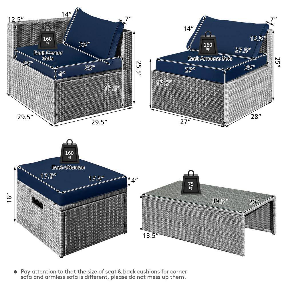 8-Piece Navy PE Rattan Outdoor Patio Furniture Set