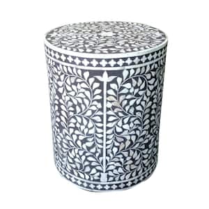 Modern Gray/ White 15 in. Diameter x 18 in. H Floral Handmade Bone Inlay Resin Round Drum Side End Table