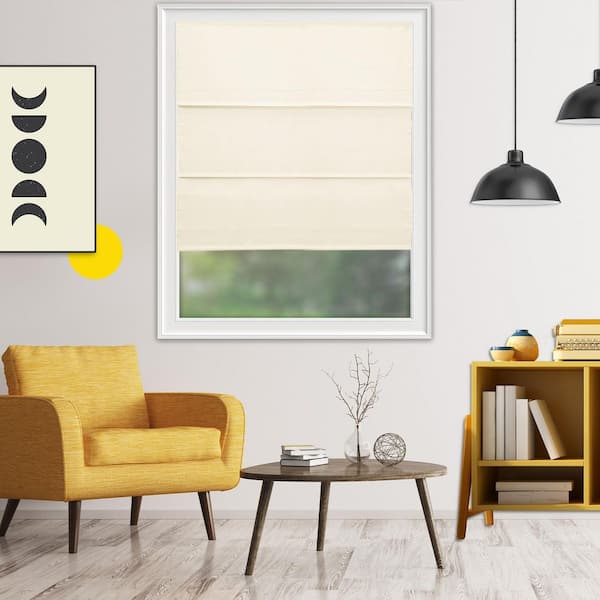 YELLOW BLINDS Riverside Cream Light Filtering Cordless Polyester Roman Shades - 47 in. W x 72 in. L
