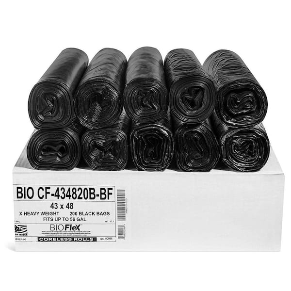 Aluf Plastics 56 Gallon 20 Micron (Equivalent) Black Heavy Duty Trash Bags With BioFlex Technology 43 in. x 46 in. Pack of 200