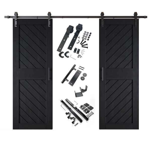 XT2 26 in. x 84 in. C-Panel Black Slanted Stripe Design Double Pine Wood Sliding Barn Door with Hardware Kit