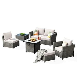 Bexley Gray 7-Piece Wicker Fire Pit Patio Conversation Seating Set with Fine-Stripe Beige Cushions