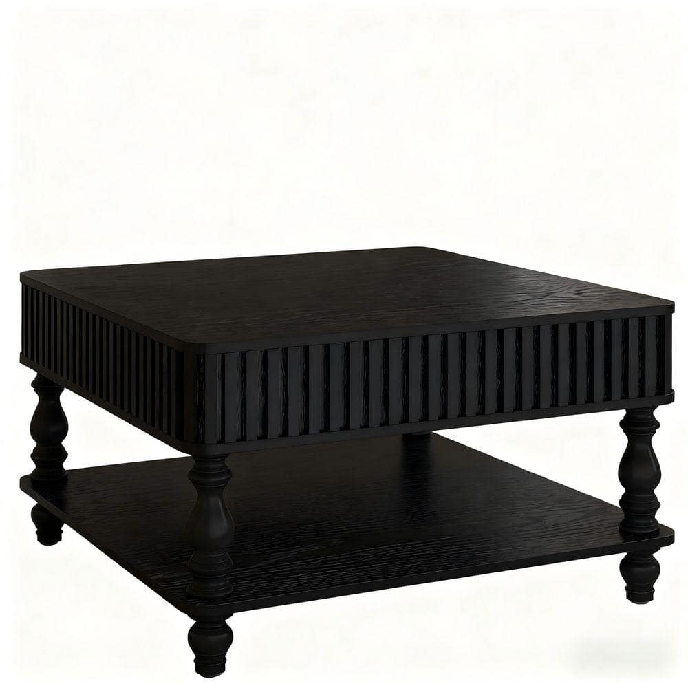 31.5 in. Black Square Fluted Lift-Top Wood Coffee Table with