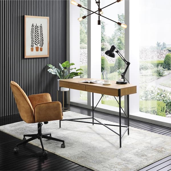 Loft Lyfe Kaius 22.1 in. Wide Rectangular Natural/Black Wooden 2-Drawers Writing Desk with Steel Legs