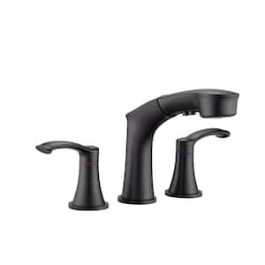 8 in. Widespread Double Handle Pull Out Bathroom Sink Faucet with Drain Assembly in Matte Black