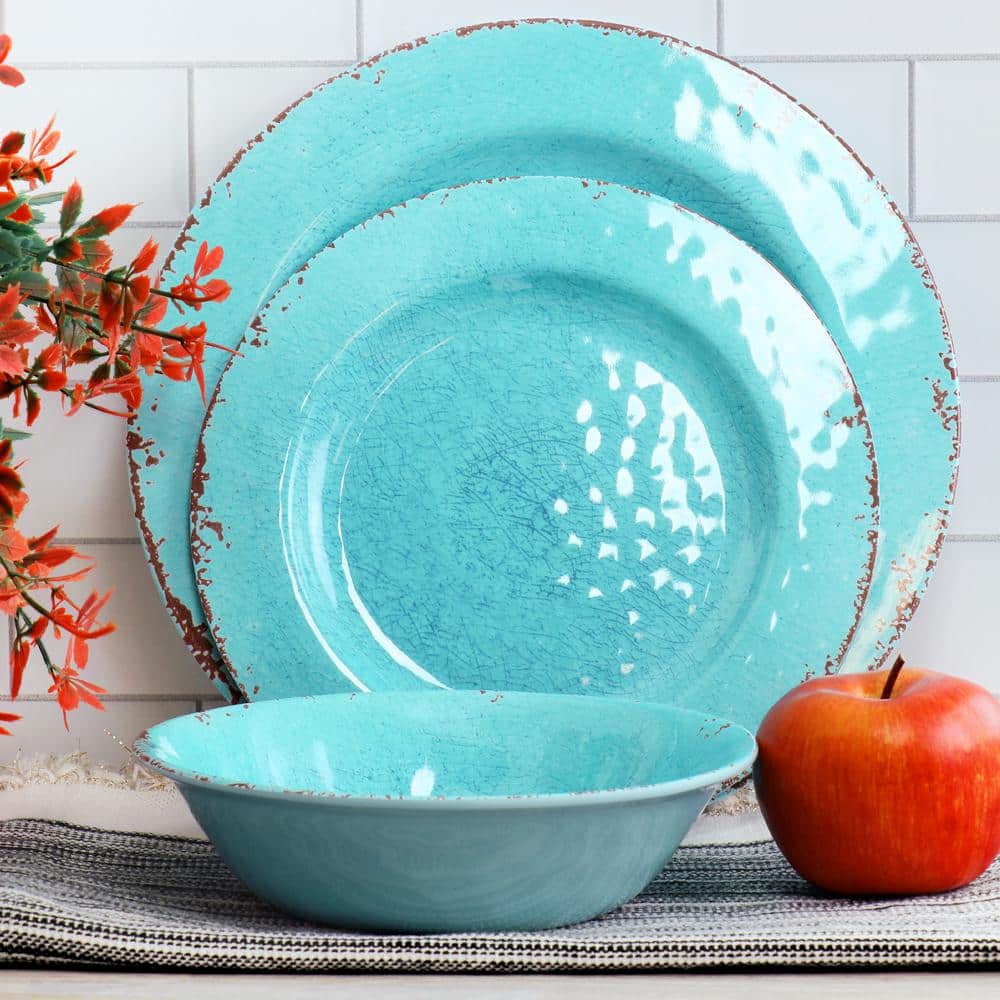Tiffany Blue Distressed Melamine 12-Piece Dinnerware Set