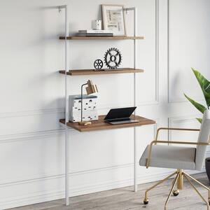 Theo Rustic Oak and White 2-Shelf Wall-Mount Ladder Writing Desk Table Small Computer Table Bookcase