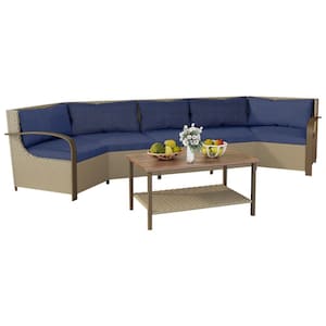 5-Seater Wicker Patio Sectional Sofa Set with Blue Cushions and Rectangular Coffee Table