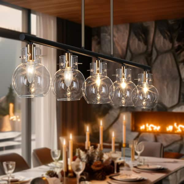 38 in. Large 5-Light Modern Black Chandelier, DIY Globe Pendant Light, Farmhouse Brass Island Chandelier for Dining Room