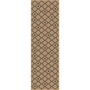 Black 2 ft. 3 in. x 7 ft. 3 in. Runner Flat-Weave Well-Jute Printed Akita Moroccan Lattice Area Rug