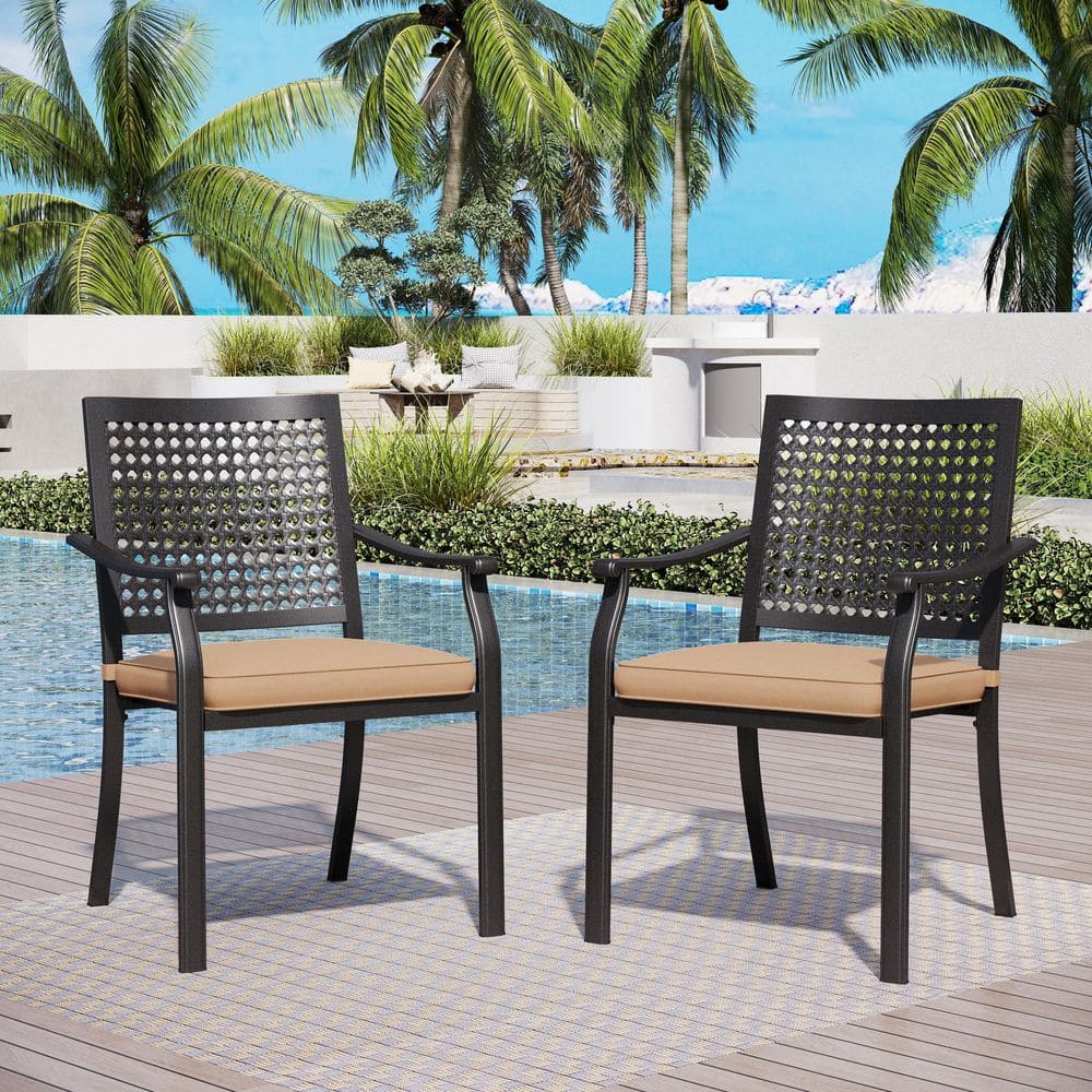 Black Metal Patio Outdoor Dining Chair with Beige Cushion (2-Pack) price history on PriceWatchPro