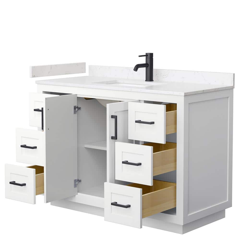 Miranda 48" White Vanity with Carrara Marble Top and Black Hardware