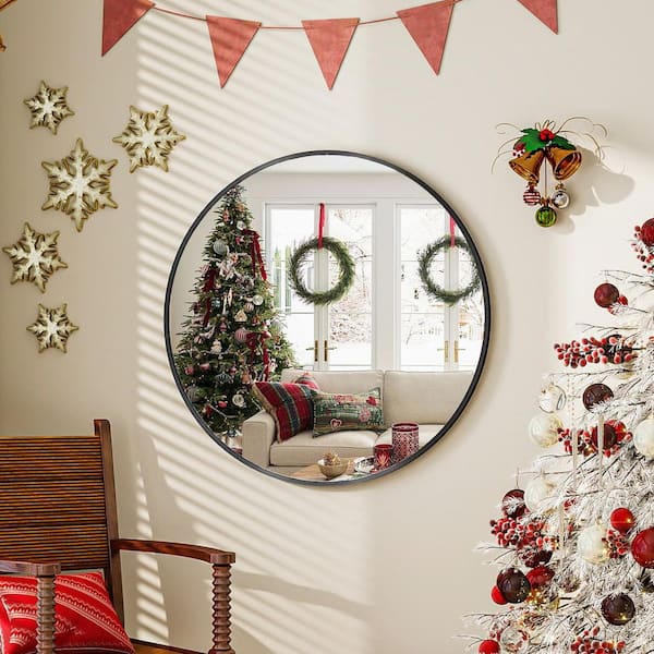 XRAMFY 30 in. W x 30 in. H Round Aluminum Alloy Framed Black Wall Mirror