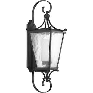 Cadence Collection 1-Light Textured Black Clear Water Seeded Glass Luxe Outdoor Large Wall Lantern Light