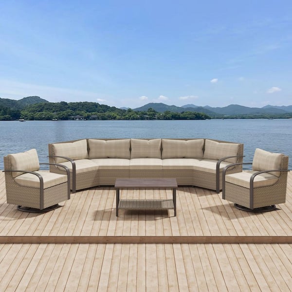 6-Piece Rattan Wicker Outdoor Sectional Set Curved Conversation Set with Biege Cushions and Rocking Chair