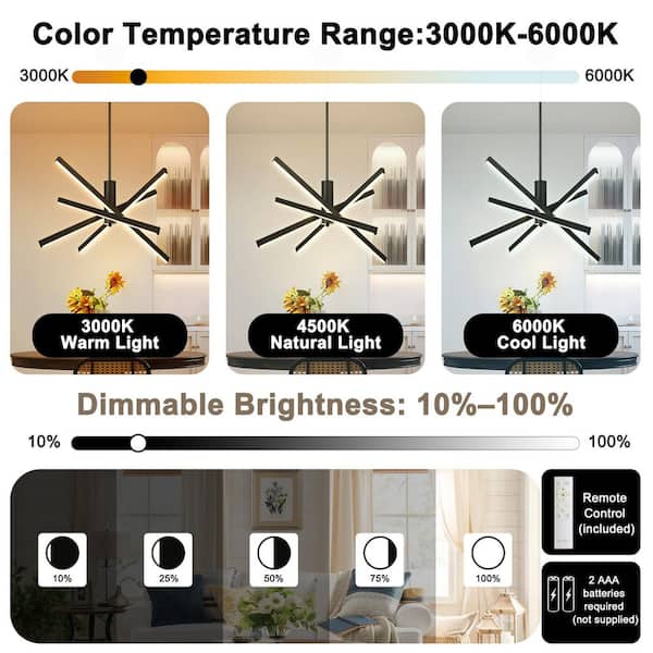 Lume 24.8 in. 4-Light Modern Linear Sputnik Black Chandelier Dimmable Integrated LED Industrial for Kitchen Dining Room