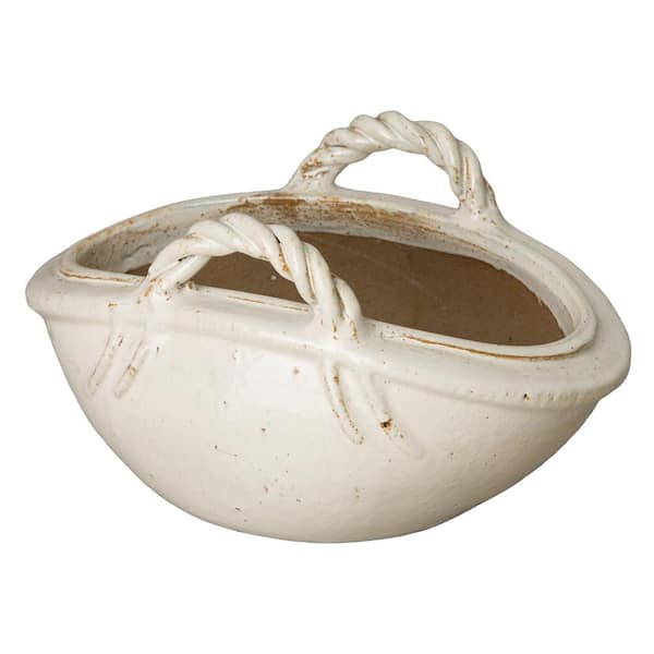 Two Handle Basket 21 in. L x 13 in. W x 11.5 in. H Distressed White Ceramic Oval Planter with Drainage Hole