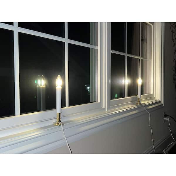 Brass LED Window Candles with Warm White Shatterproof Bulbs, Automatic Timer for Indoor Holiday Decor, 4-Pack