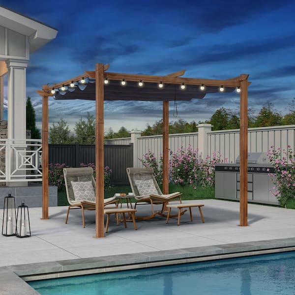 PURPLE LEAF 10 ft. x 10 ft. Natural Wood Grain Pergola with Navy Blue Retractable Sun Shade Canopy Extra Roof and String Lights
