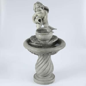 Gray Resin Cherub Birdbath Outdoor Patio Cascade Fountain