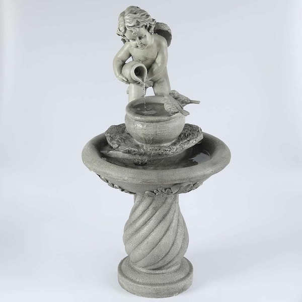 LuxenHome Gray Resin Cherub Birdbath Outdoor Patio Cascade Fountain