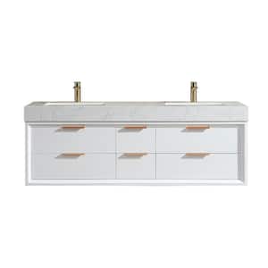60 in. W x 21 in. D x 21 in. H Double Sink Wall Mounted Bath Vanity in White with White Engineered Stone Top