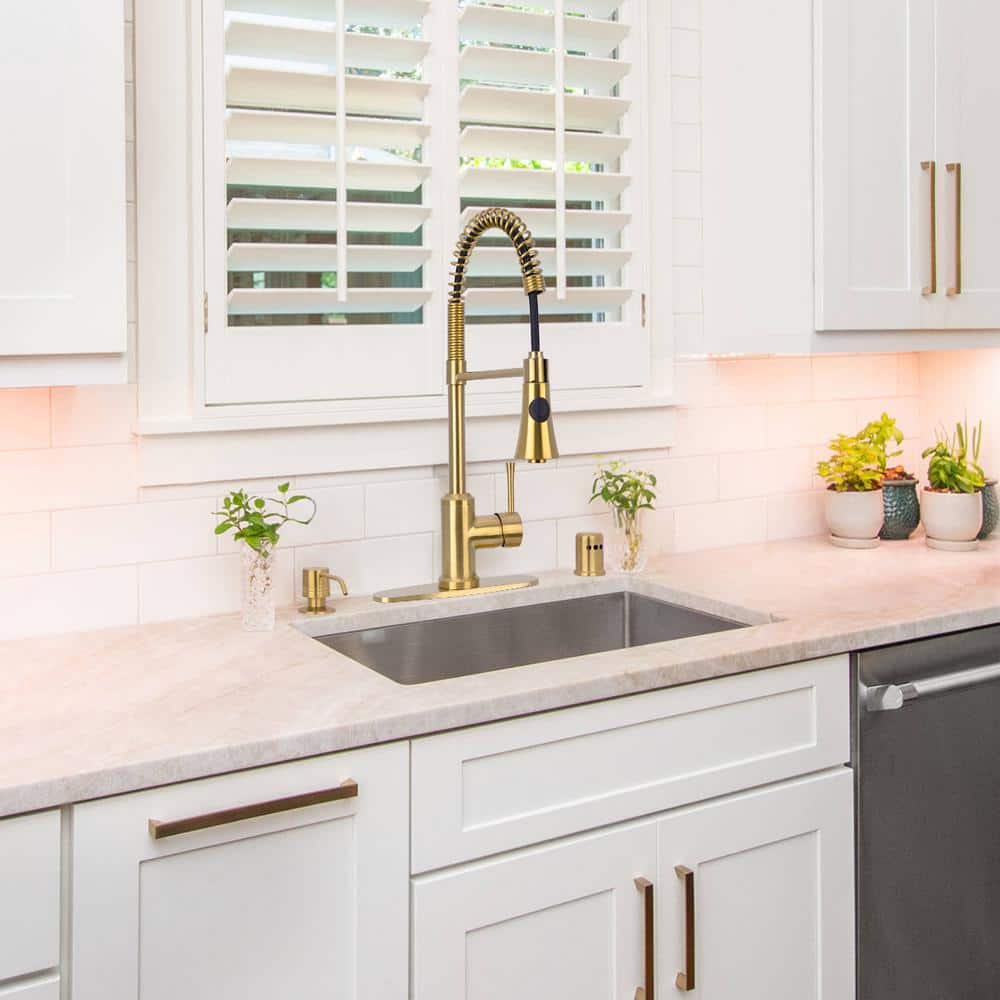 Brass Gold Single Handle Pull-Down Kitchen Faucet with Spray
