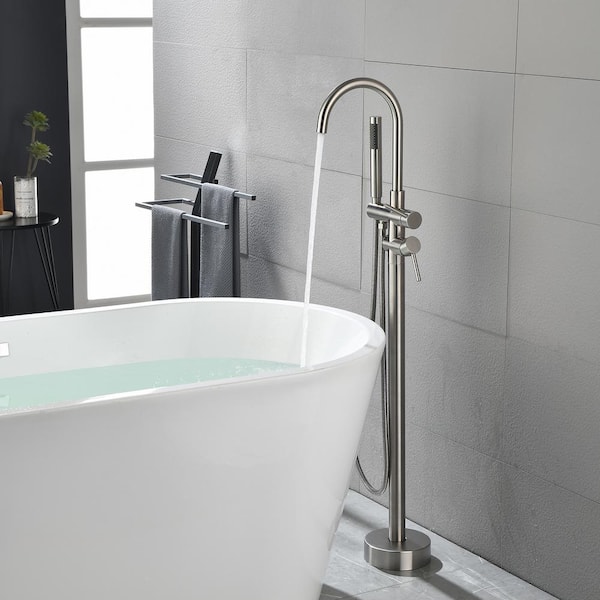 2-Handle Freestanding Tub Faucet with Hand Shower in Brushed Nickel