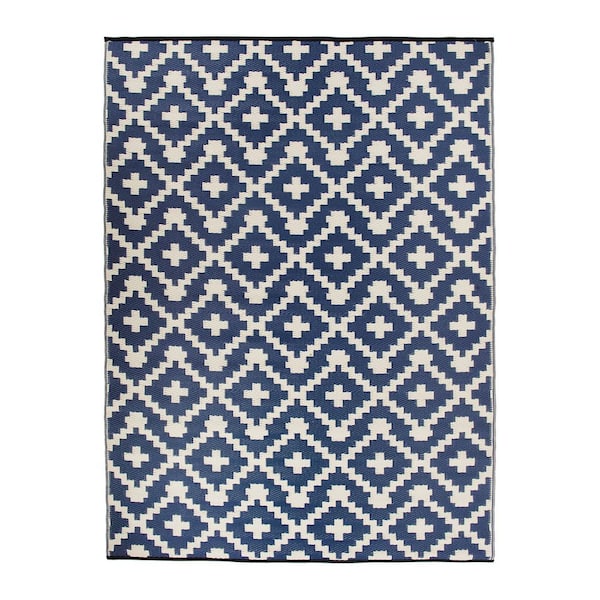 World Rug Gallery Hawaii Navy 8 ft. x 10 ft.  Trellis Geometric Reversible Plastic Outdoor Area Rug