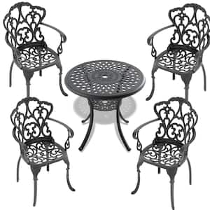 Black 5-Piece Cast Aluminum Outdoor Dining Set, Patio Furniture with Umbrella Hole and Random Color Cushions