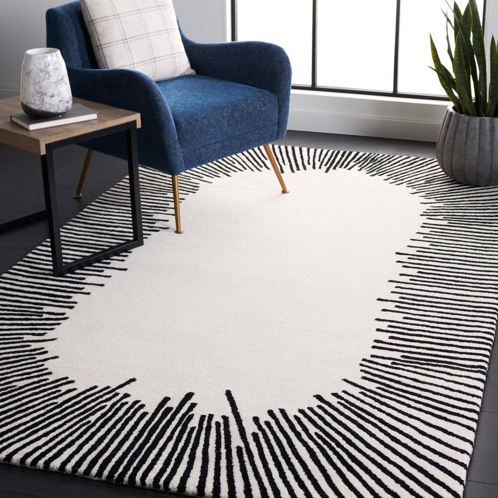 Ivory and Black Rectangular Wool Tufted Area Rug 8' x 10'