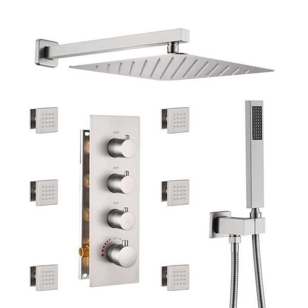Unbranded Luxury 3-Spray Patterns Thermostatic 12 in. Wall Mount Rainfall Dual Shower Heads with 6-Body Spray in Brushed Nickel