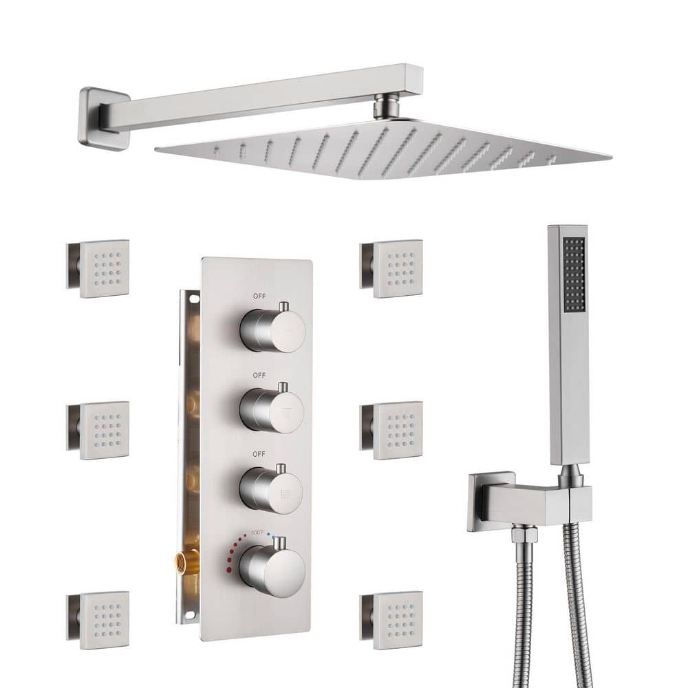 Mondawe Luxury 3-Spray Patterns Thermostatic 12 in. Wall Mount Rainfall ...