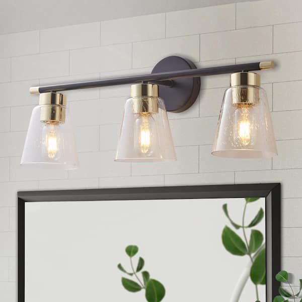 ExBrite Merrin 24 in. 3-Light Black Golden Bathroom Vanity Light with Seeded Shades