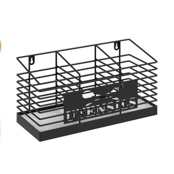 Black Metal Kitchen Utensil Holder with Fast-Drying Diatomite Base, Wall Mountable 3-Compartment Organizer