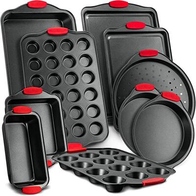 Deluxe Non-Stick 10-Piece Carbon Steel Design with Red Silicone Handles Oven Bakeware Set