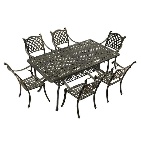 Mondawe 7-Piece Antique Bronze Cast Aluminum Patio Outdoor Dining Set with 59 in. Rectangular Table and 6 Dining Chairs