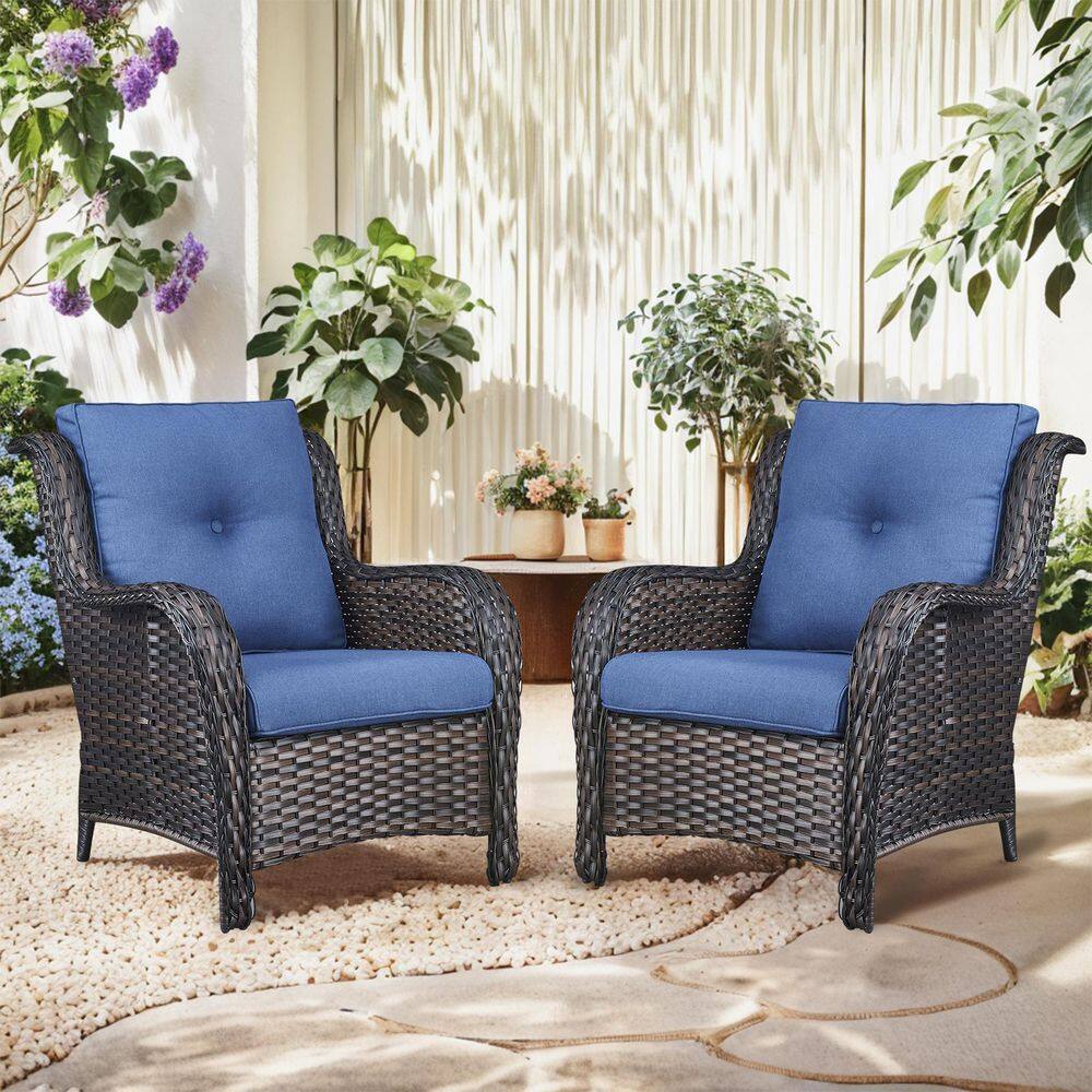 WellCane Brown Outdoor Wicker Patio Chairs Set of 2, Outdoor Lounge Chairs with Blue Cushions for Porch Balcony Backyard price history on PriceWatchPro