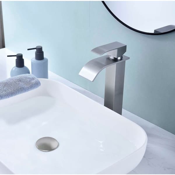 Waterfall Single Hole Single Handle Bathroom Vessel Sink Faucet with Pop-Up Drain Assembly in Brushed Nickel
