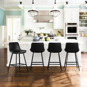 24 in. Black Low Back Metal Frame Barstool Cushioned Counter Height Bar Stool with Faux Leather Seat (Set of 4)